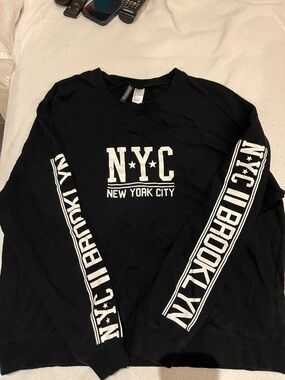 H&M Black Long-Sleeve NYC Graphic Tee with White Sleeve Logos